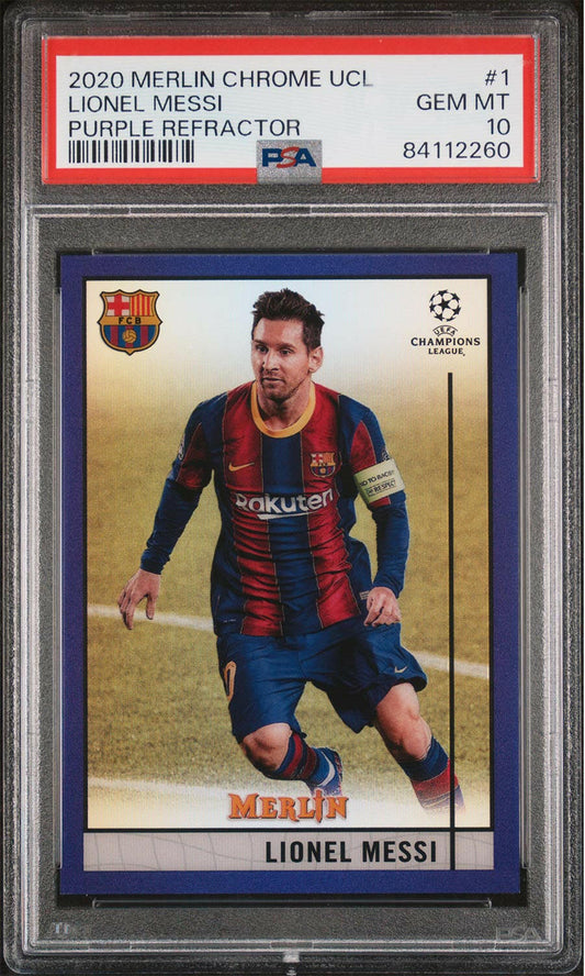 Lionel Messi - 2020 - Topps Merlin Chome UCL - #1 - Barcelona - PSA 10 - Purple Refractor - Numbered 130/299 - World Trading Cards - Football Card - Graded Trading Card