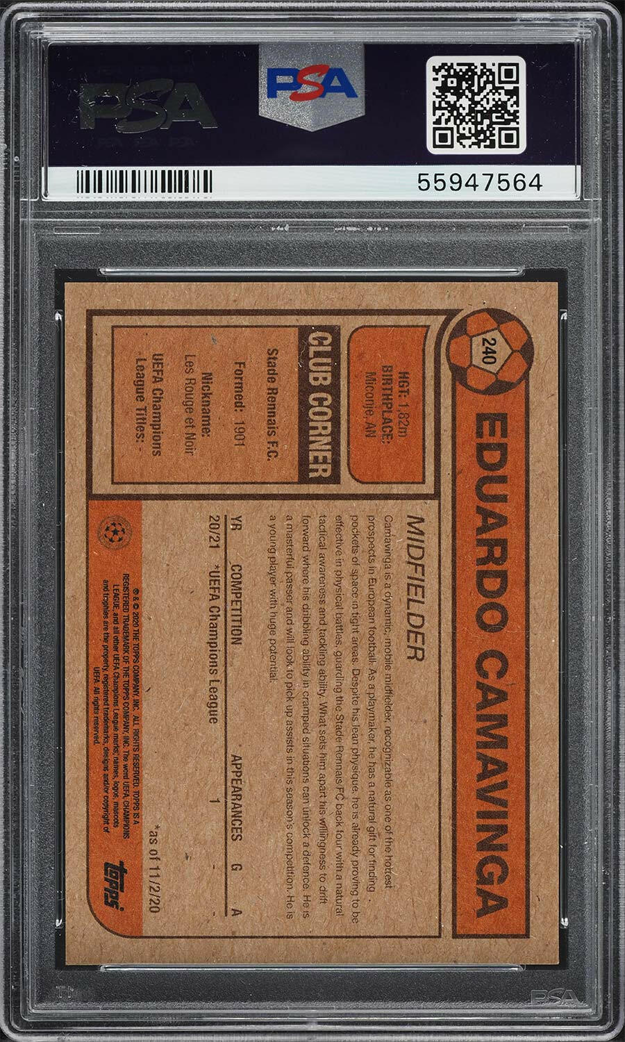 Eduardo Camavinga - 2020 - Topps Living Set UCL - #240 - Rookie - PSA 10 - World Trading Cards - Football Card - Chrome Graded
