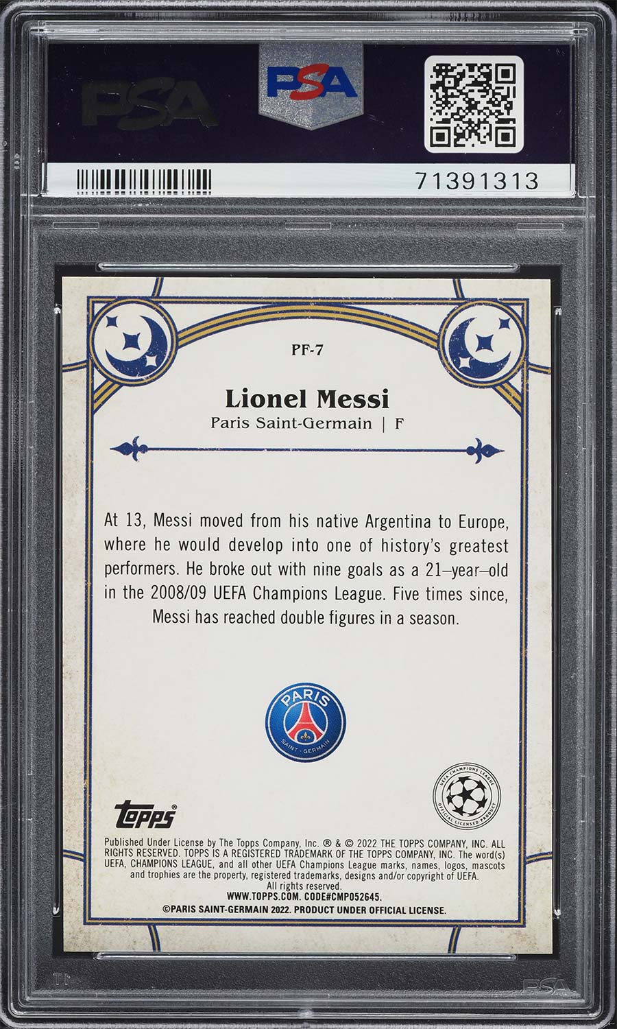 psg graded cards 2021/2022 Topps Merlin Chrome UCL Lionel Messi #PF7 – Prophecy Fulfilled, Graded PSA 9