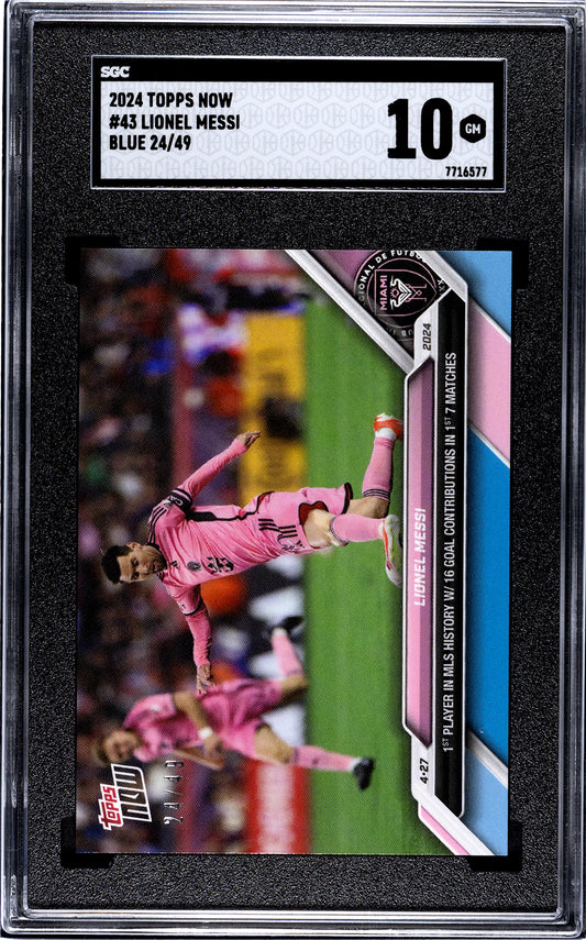 Lionel Messi - 2024 - Topps Now MLS - #43 - Inter Miami - SGC 10 - Blue - Numerada 24/49 - World Trading Cards - Tarjeta Fútbol - Cromo Graded
