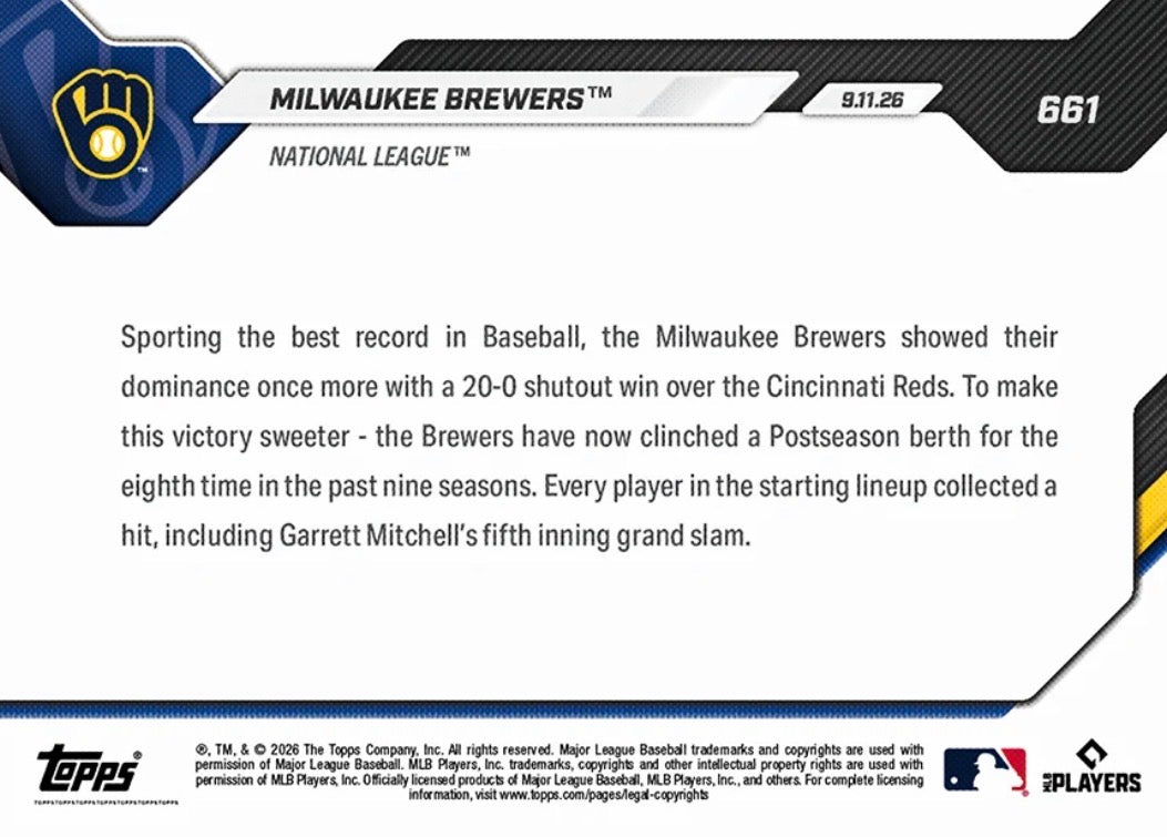 2026 | Topps | Now | MLB | #661 | Milwaukee Brewers | Base