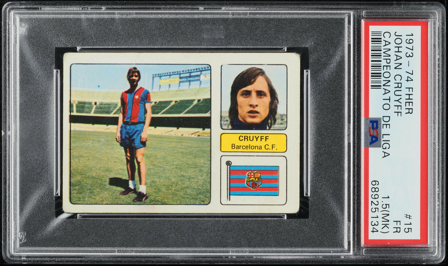 Johan Cruyff - 1973-74 - Fher - Spanish League Championship - Barcelona - #15 - PSA 1.5 MK - World Trading Cards - Football Card - Graded Sticker