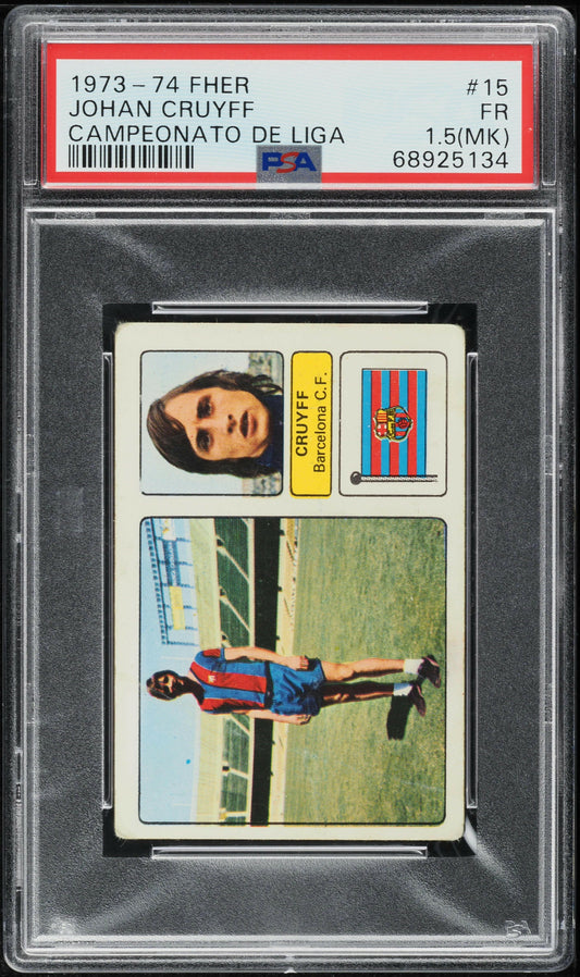 Johan Cruyff - 1973-74 - Fher - Spanish League Championship - Barcelona - #15 - PSA 1.5 MK - World Trading Cards - Football Card - Graded Sticker