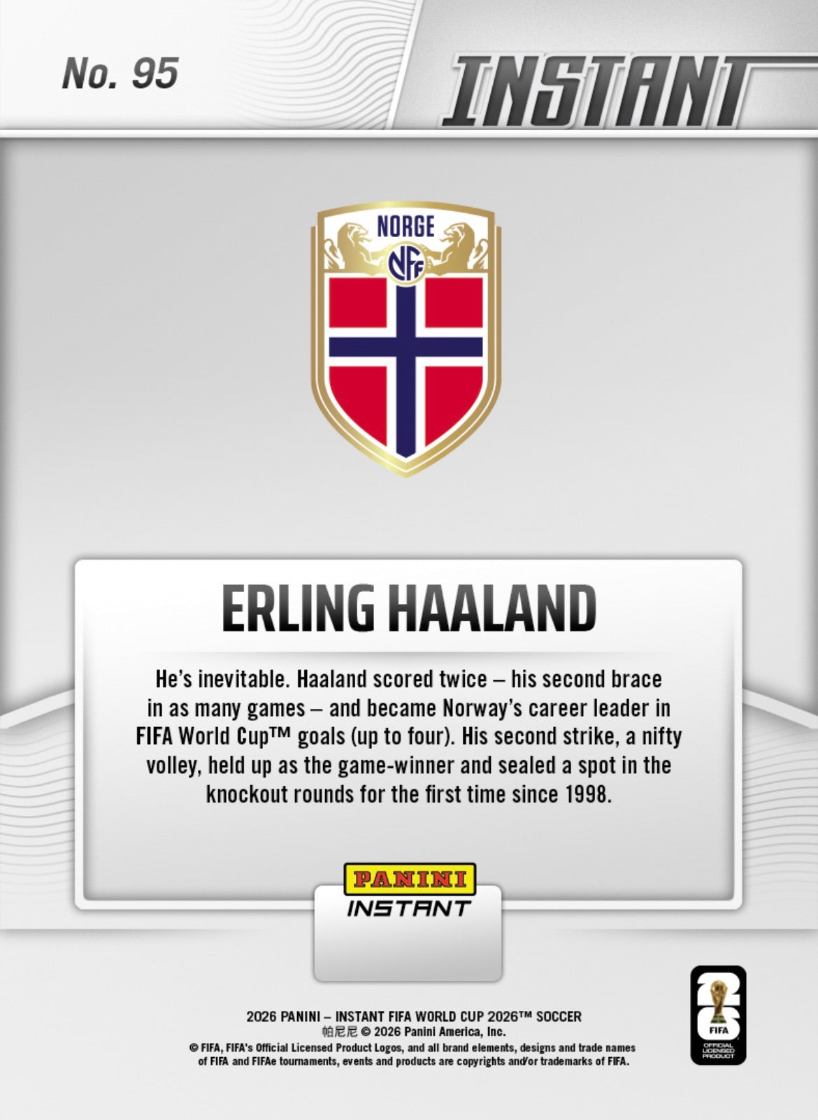 PIWC095 | Panini | FIFA World Cup | 2026 | PANINI INSTANT | Erling Haaland | Base | Exclusive USA | Limited Editions | PREORDEN | ENVÍO 40 días aproximadamente desde la fecha de compra.