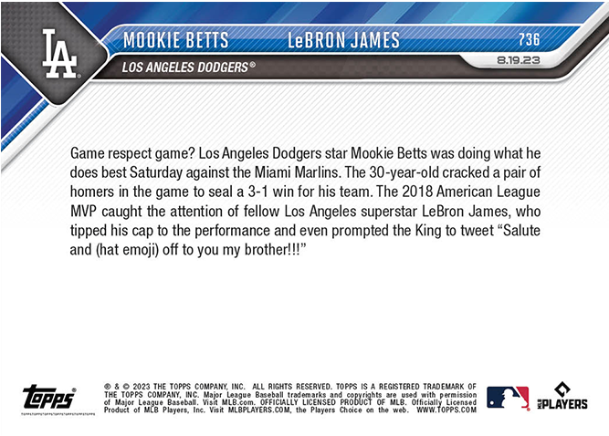 LeBron James / Mookie Betts - 2023 - Topps Now MLB - #736 - Dodgers - Salute to Greatness - World Trading Cards - Tarjeta Béisbol - Cromo RAW
