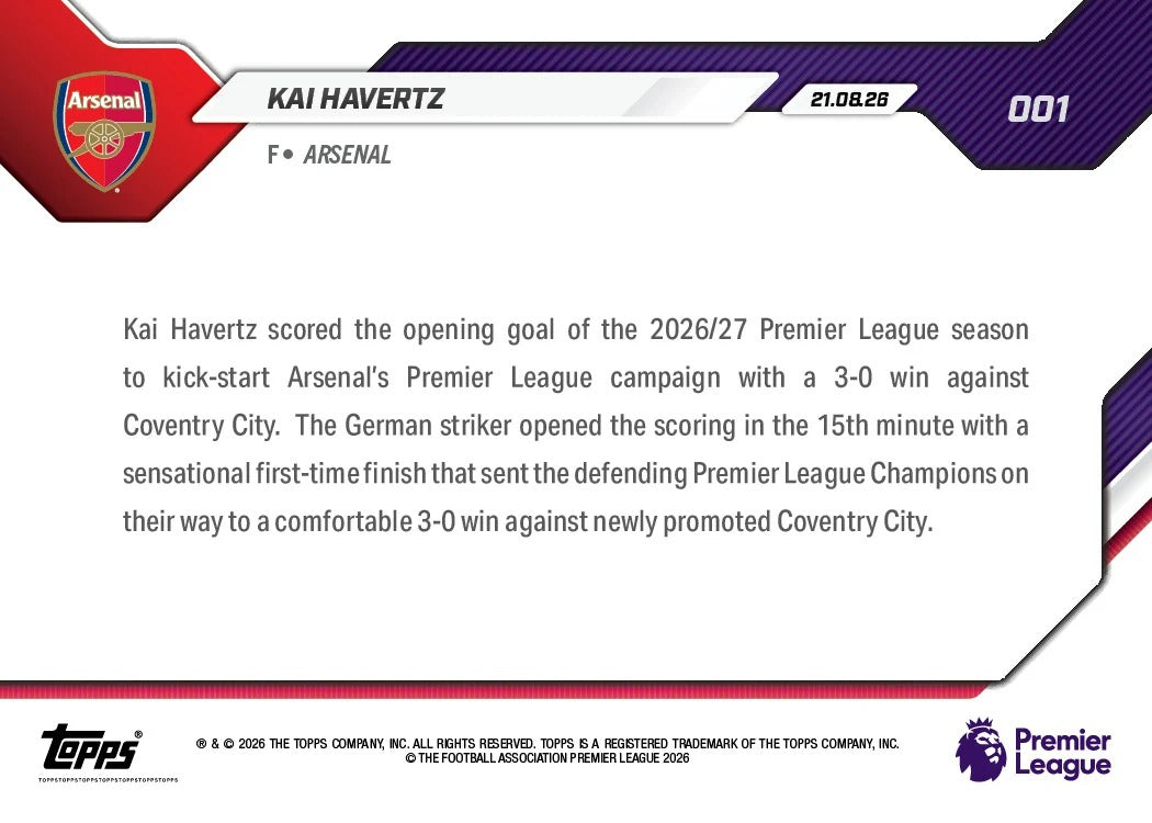 2026-27 | Topps | Now | Premier League | Kai Havertz | Base | #001 | BAJO PEDIDO | ENVÍO 30 días aproximadamente desde la fecha de compra.