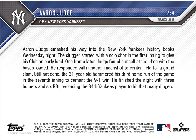 Aaron Judge - 2023 - Topps Now MLB - #754 - Yankees - 1st Run 3 - HR Game 34Th in Yankees History - World Trading Cards - Baseball Card - RAW Card