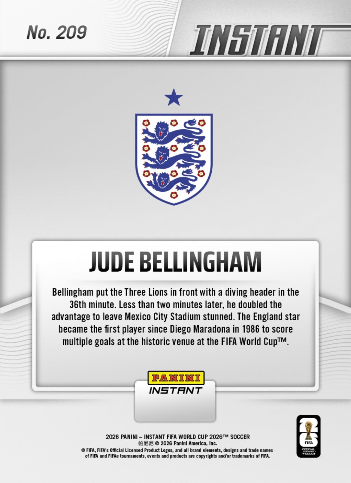 PIWC209 | Panini | FIFA World Cup | 2026 | PANINI INSTANT | Jude Bellingham | Base | Exclusive USA | Limited Editions | PREORDEN | ENVÍO 40 días aproximadamente desde la fecha de compra.