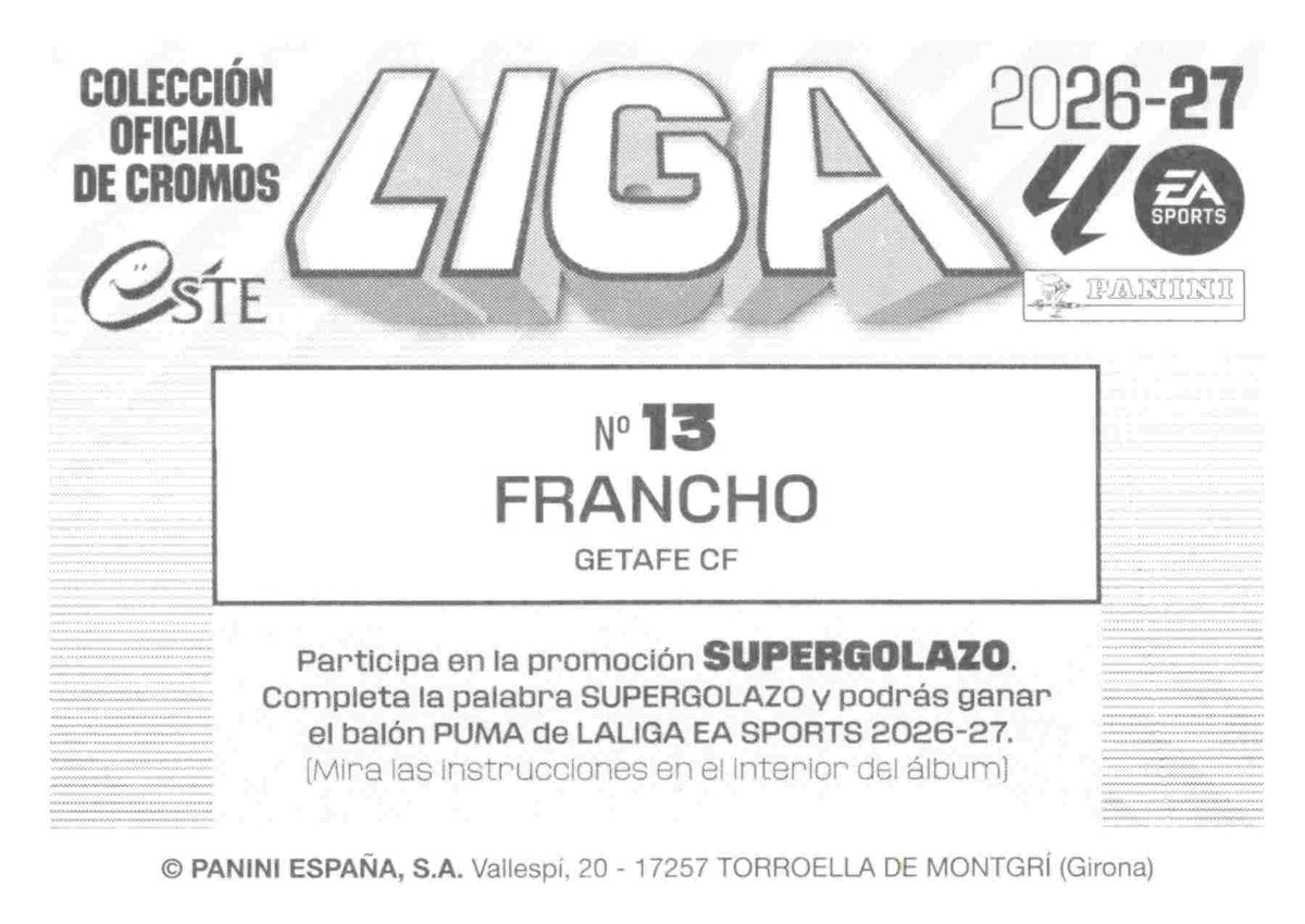 Panini | Liga Este | 2026-2027 | Getafe CF | Basico | #13 | Francho | 3ª Edición
