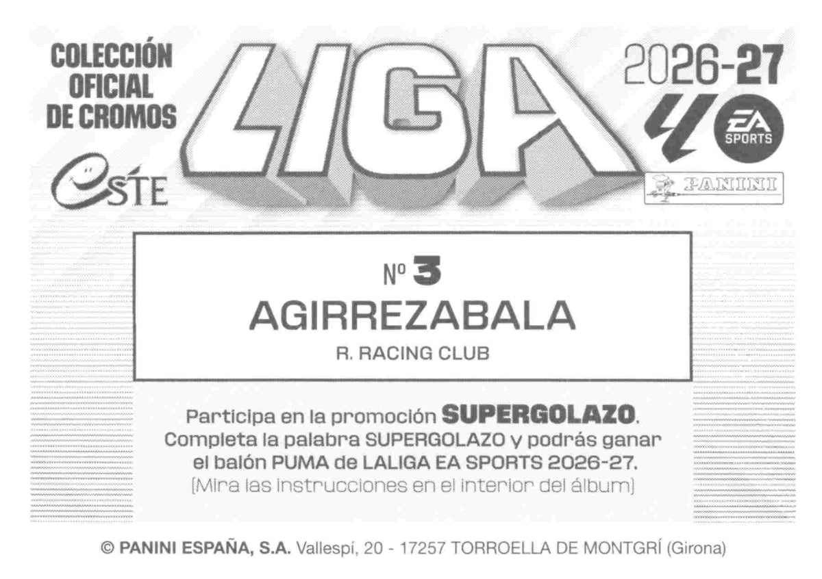 Panini | Liga Este | 2026-2027 | Real Racing Club | Basico | #03 | Aguirrezabala | 3ª Edición