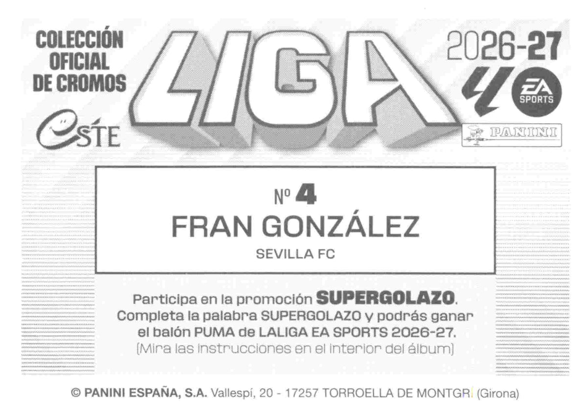 Panini | Liga Este | 2026-2027 | Sevilla FC | Basico | #04 | Fran Gonzalez | 3ª Edición