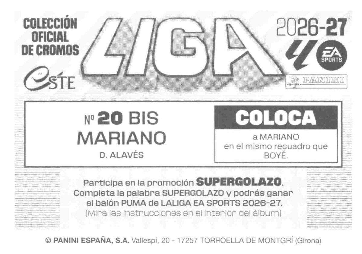 Panini | Liga Este | 2026-2027 | Deportivo Alavés | Basico | #20 Bis | Mariano | 3ª Edición
