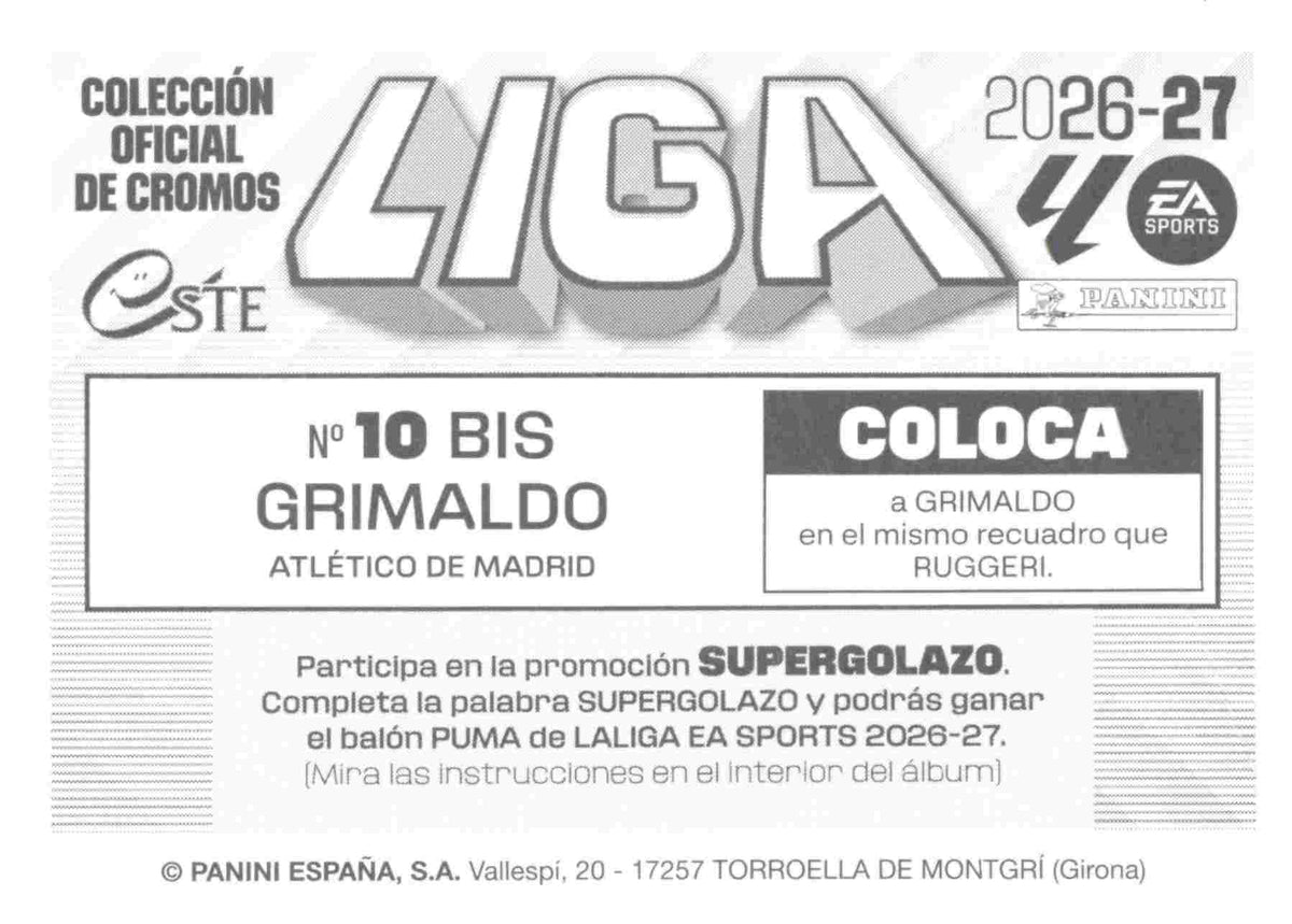 Panini | Liga Este | 2026-2027 | Atlético de Madrid | Basico | #10 Bis | Grimaldo | 3ª Edición