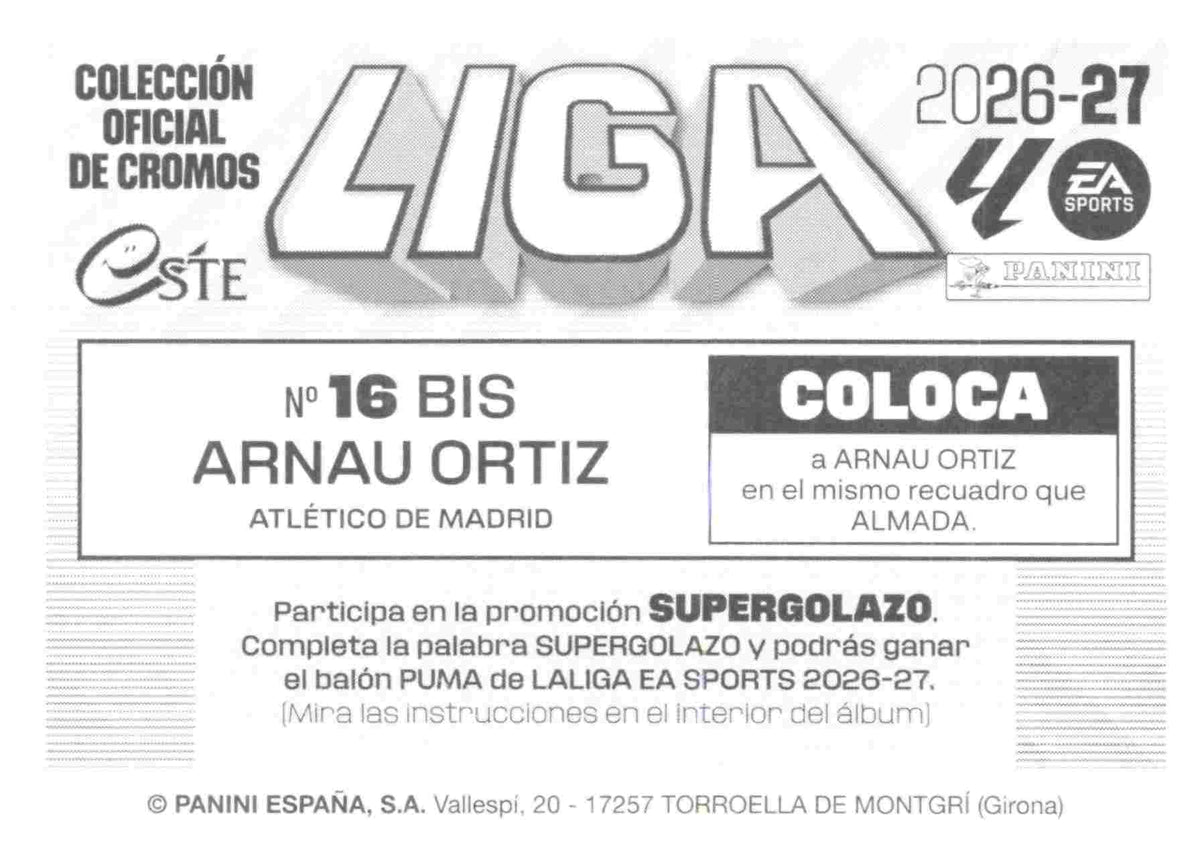 Panini | Liga Este | 2026-2027 | Atlético de Madrid | Basico | #16 Bis | Arnau Ortiz | 3ª Edición