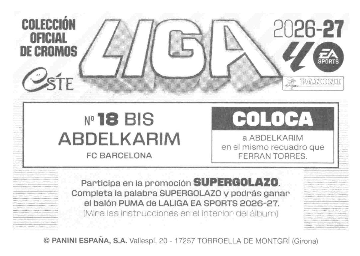 Panini | Liga Este | 2026-2027 | FC Barcelona | Basico | #18 Bis | Abdelkarim | Rookie | 3ª Edición