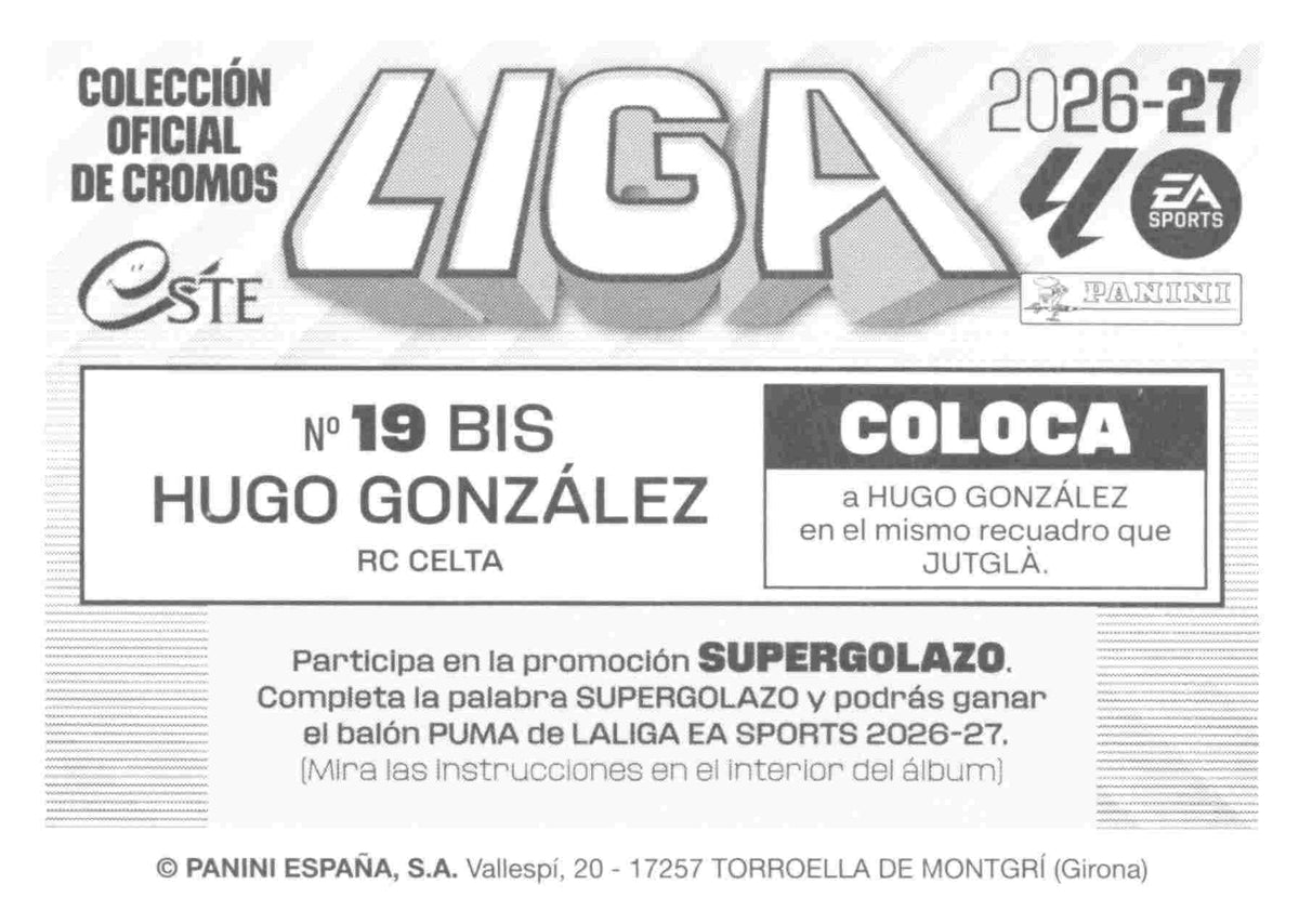 Panini | Liga Este | 2026-2027 | RC Celta de Vigo | Basico | #19 Bis | Hugo Gonzalez | 3ª Edición