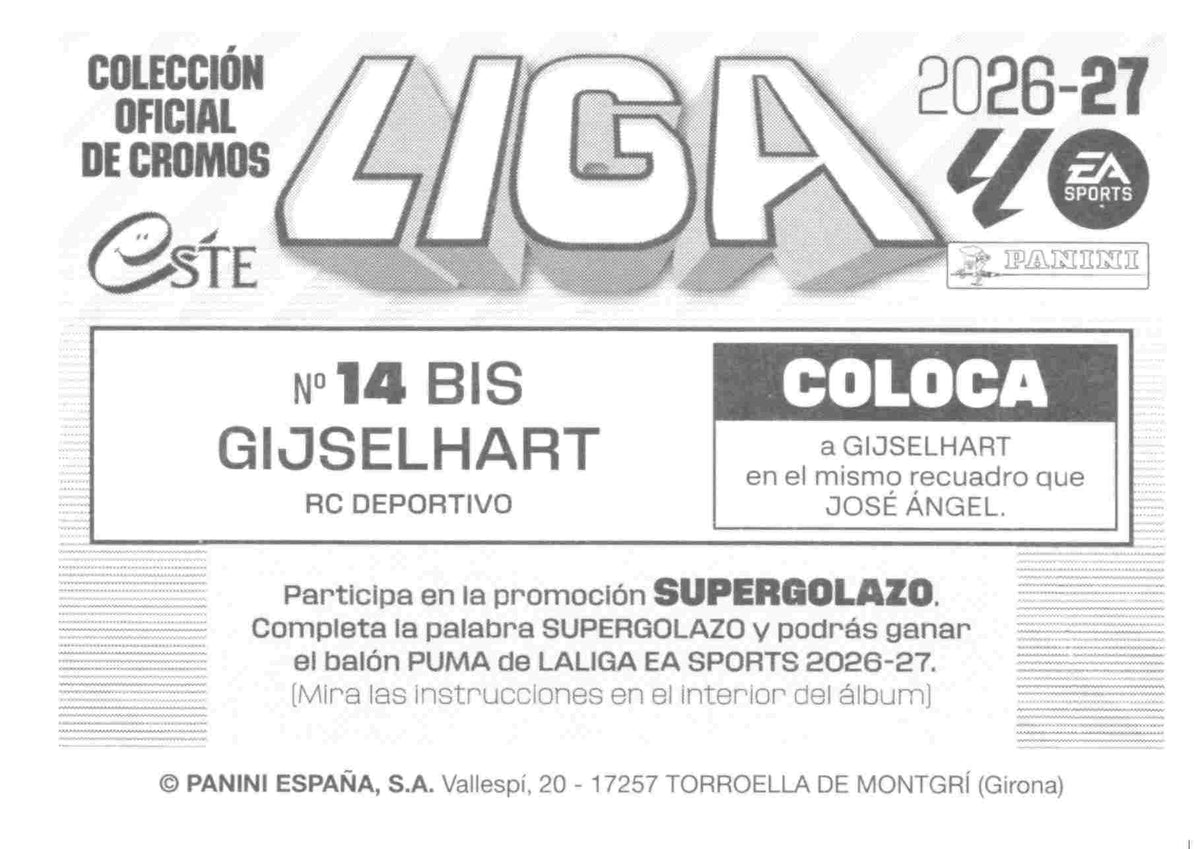 Panini | Liga Este | 2026-2027 | Deportivo La Coruña | Basico | #14 Bis | Gijselhart | 3ª Edición (Copia)