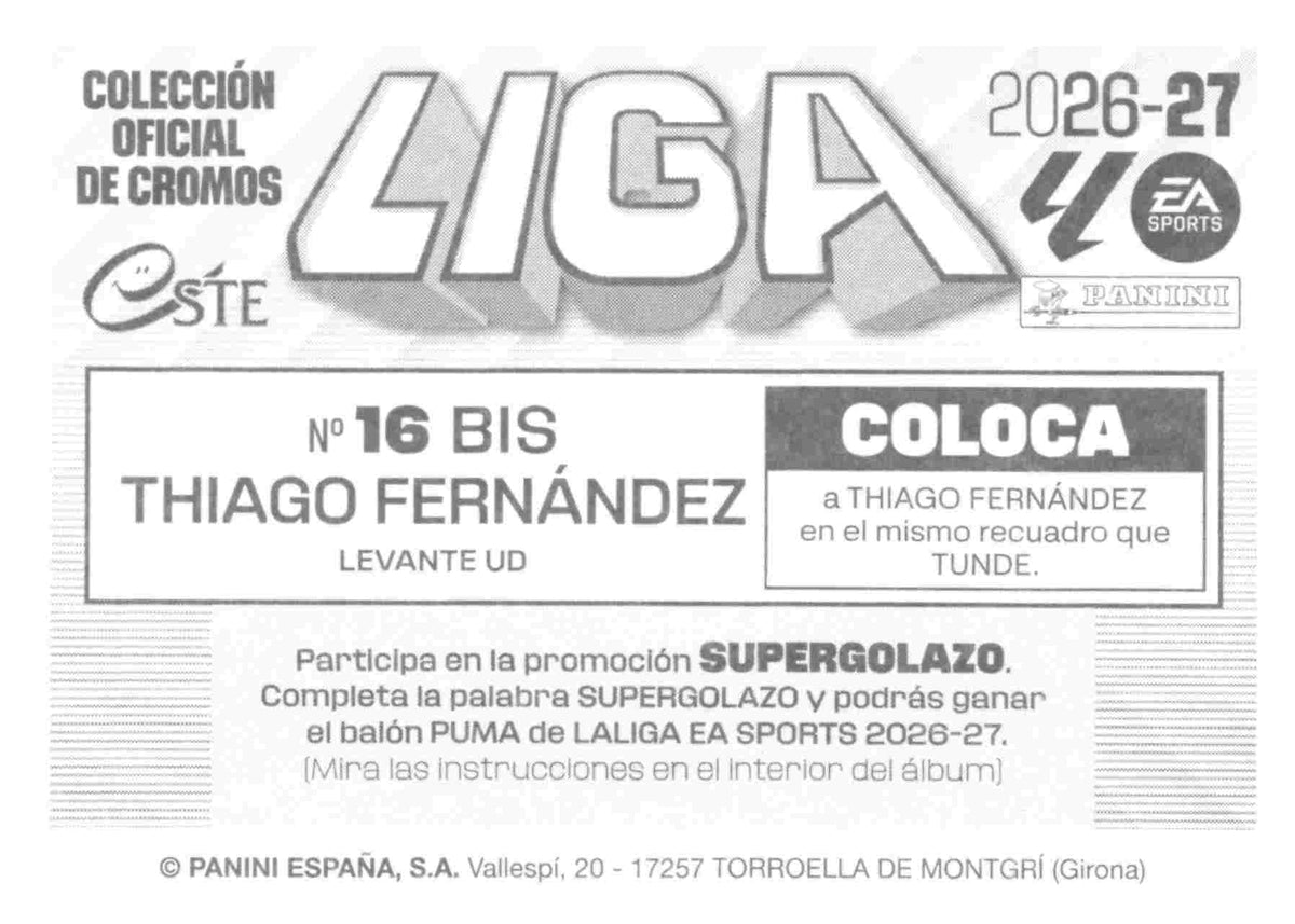 Panini | Liga Este | 2026-2027 | Levante UD | Basico | #16 Bis | Thiago Fernandez | 3ª Edición