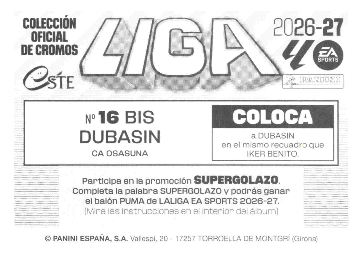 Panini | Liga Este | 2026-2027 | Osasuna | Basico | #16 Bis | Dubasin | 3ª Edición
