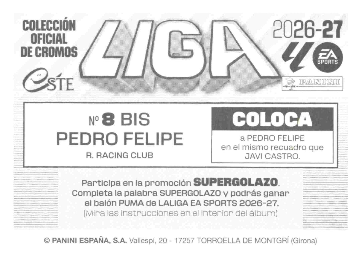 Panini | Liga Este | 2026-2027 | Real Racing Club | Basico | #08 Bis | Pedro Felipe | 3ª Edición