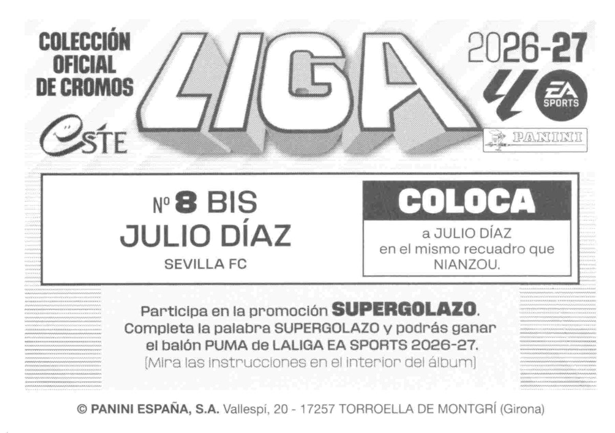 Panini | Liga Este | 2026-2027 | Sevilla CF | Basico | #08 Bis | Julio Diaz | 3ª Edición