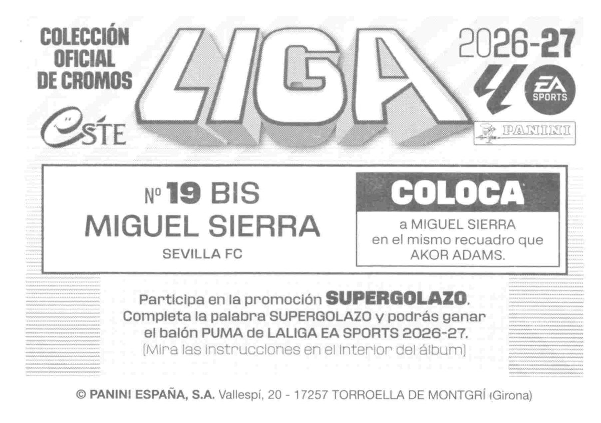 Panini | Liga Este | 2026-2027 | Sevilla CF | Basico | #19 Bis | Miguel Sierra | 3ª Edición