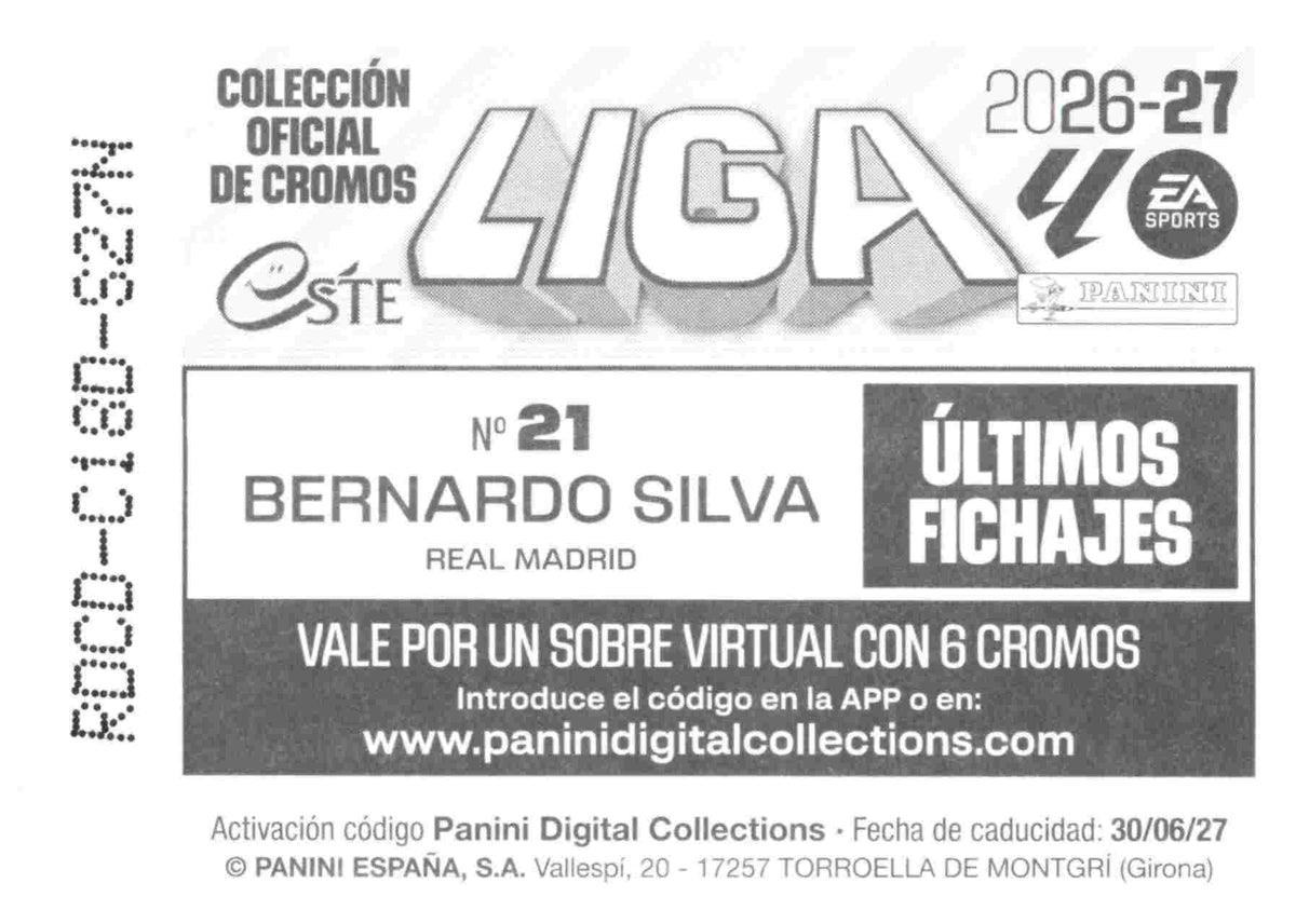 Panini | Liga Este | 2026-2027 | Real Madrid | Basico | #UF21 | Bernardo Silva | Últimos Fichajes | 3ª Edición