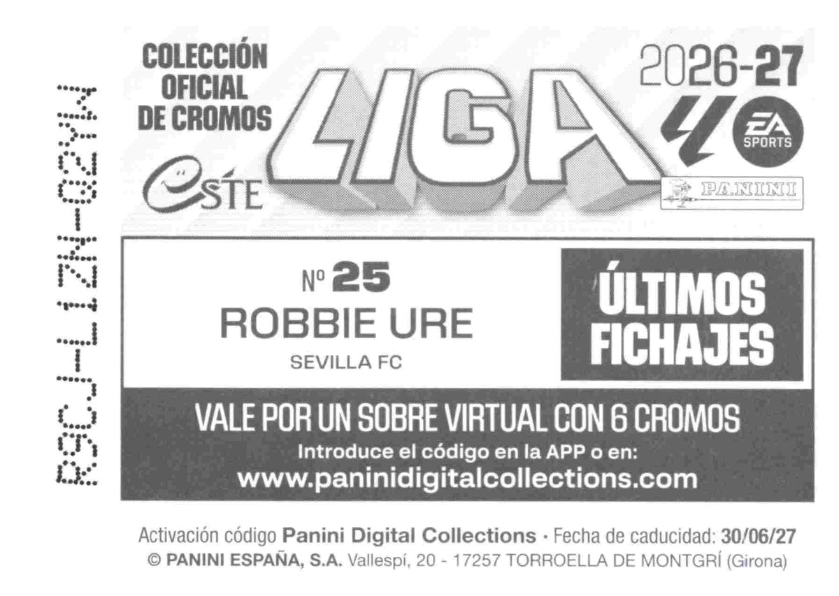 Panini | Liga Este | 2026-2027 | Sevilla CF | Basico | #UF25 | Robbie Ure | Últimos Fichajes | 3ª Edición