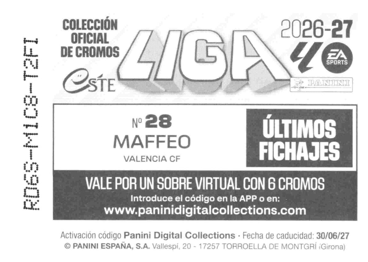Panini | Liga Este | 2026-2027 | Valencia CF | Basico | #UF28 | Maffeo | Últimos Fichajes | 3ª Edición