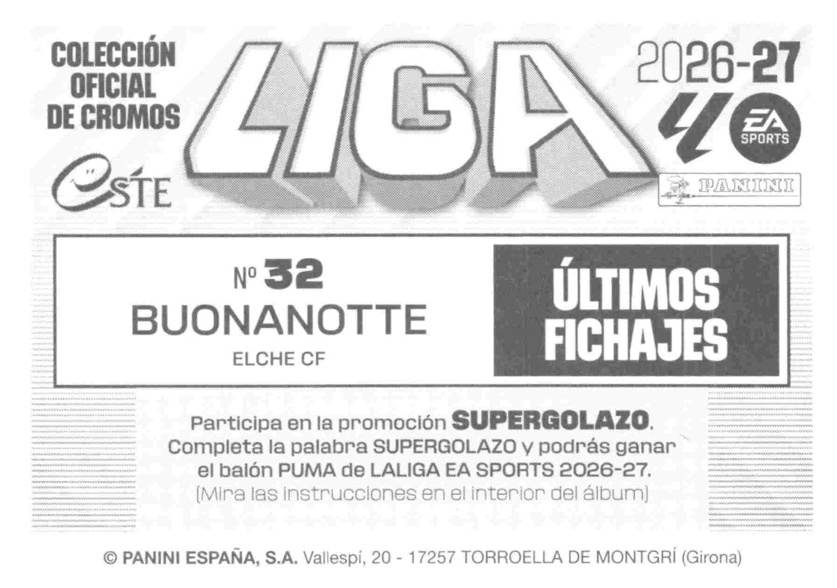 Panini | Liga Este | 2026-2027 | Elche CF | Basico | #UF32 | Buonanote | Últimos Fichajes | 3ª Edición