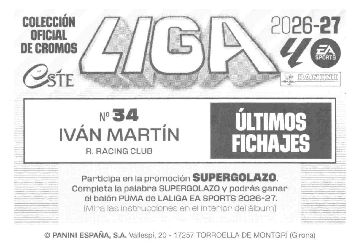 Panini | Liga Este | 2026-2027 | Real Racing Club | Basico | #UF34 | Ivan Martin | Últimos Fichajes | 3ª Edición