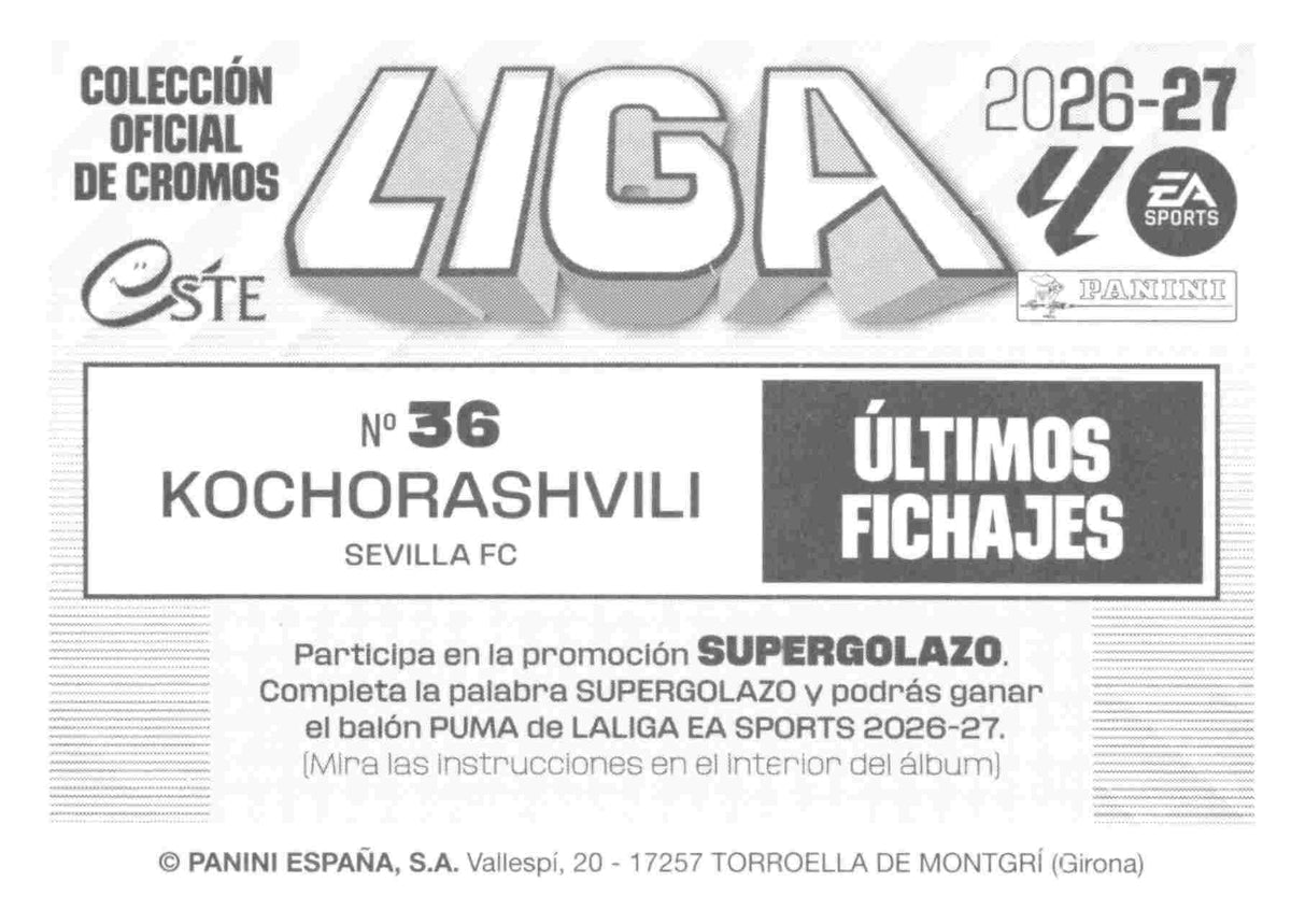 Panini | Liga Este | 2026-2027 | Sevilla CF | Basico | #UF36 | Kochorashvili | Últimos Fichajes | 3ª Edición