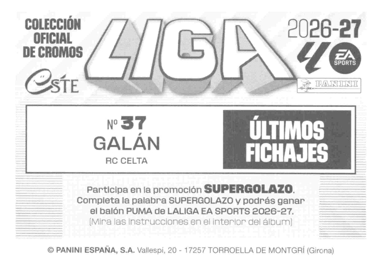 Panini | Liga Este | 2026-2027 | RC Celta | Basico | #UF37 | Galan | Últimos Fichajes | 3ª Edición