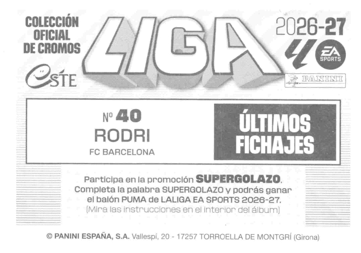 Panini | Liga Este | 2026-2027 | FC Barcelona | Basico | #UF40 | Rodri | Últimos Fichajes | 3ª Edición