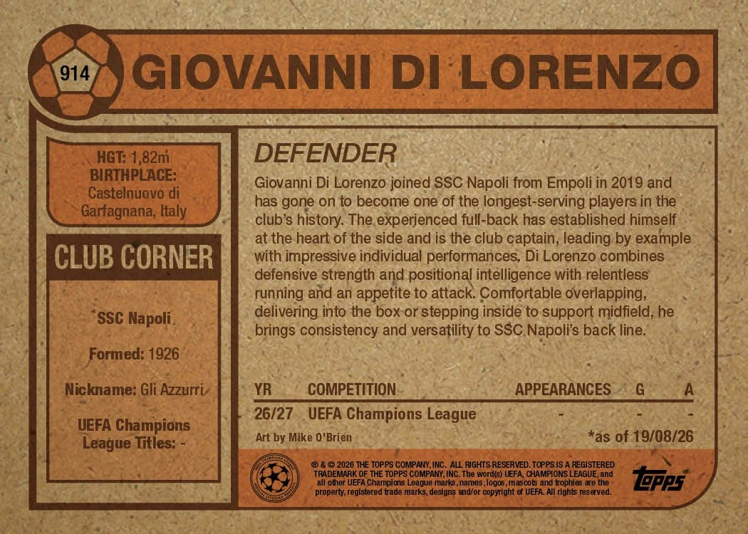 2026 | Topps | Living Set | UCC | #914 | Giovanni Di Lorenzo | Napoles | PREORDEN | ENVÍO 30 días aproximadamente desde la fecha de compra.
