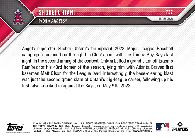 Shohei Ohtani - 2023 - Topps Now MLB - #727 - Angels Cinninnati Reds - 43 HR 2023 is Grand Slam - World Trading Cards - Tarjeta Béisbol - Cromo RAW