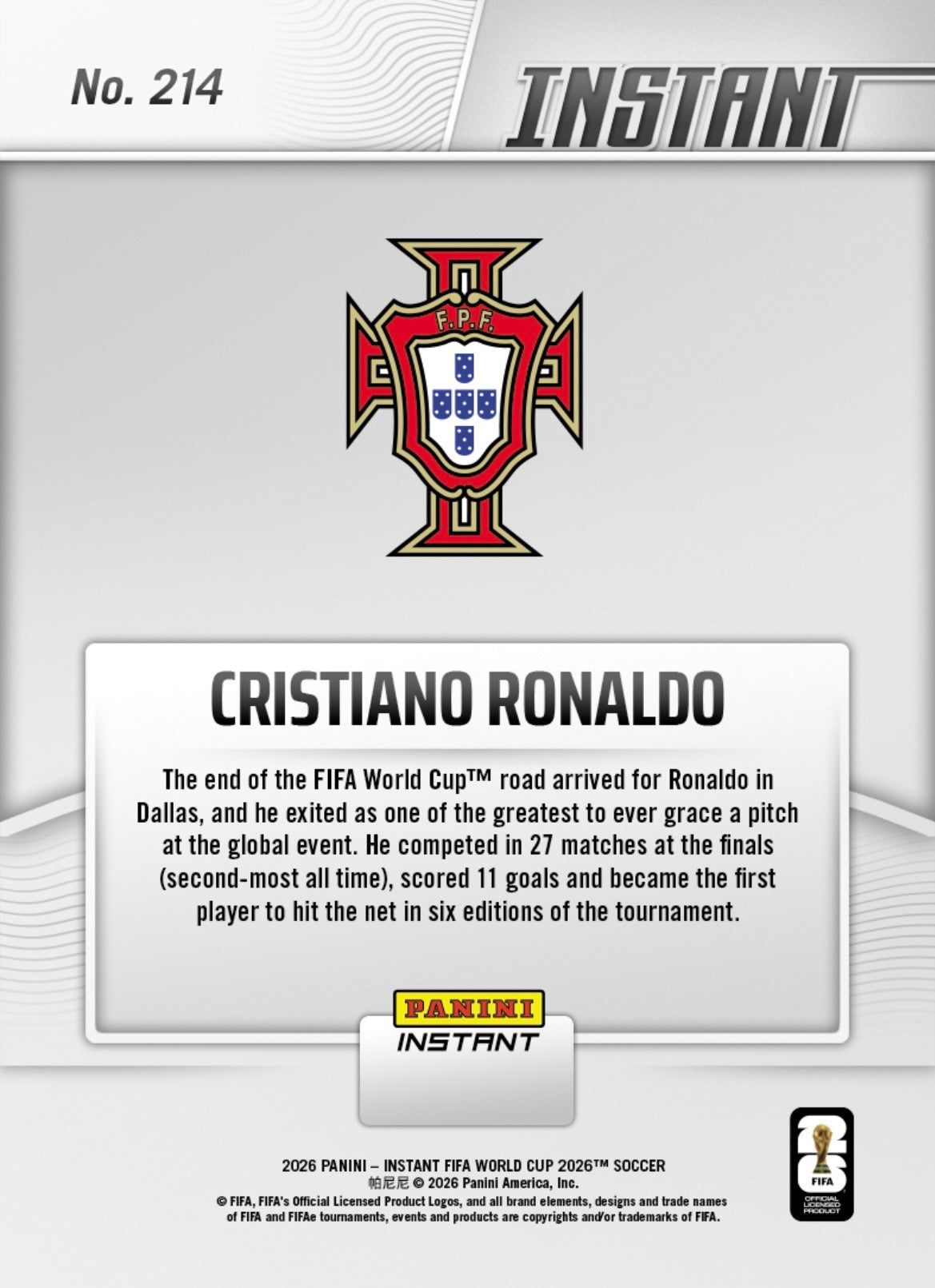 PIWC214 | Panini | FIFA World Cup | 2026 | PANINI INSTANT | Cristiano Ronaldo | Base | Exclusive USA | Limited Editions | PREORDEN | ENVÍO 40 días aproximadamente desde la fecha de compra.