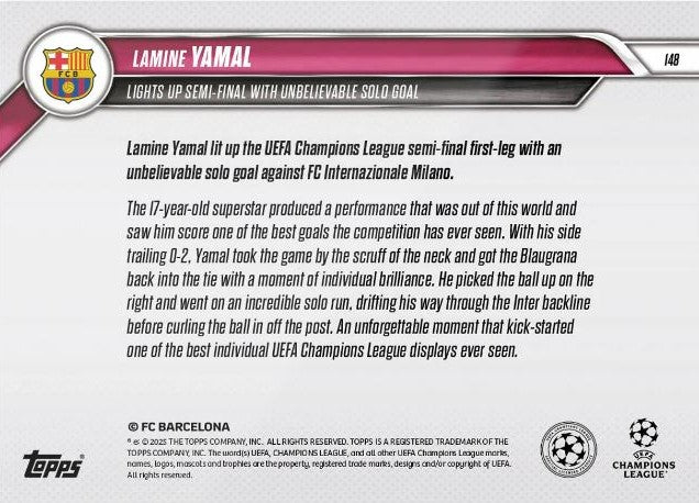 Lamine Yamal - 2025 - Topps Now UCL - Barcelona - UCL - #148 - World Trading Cards