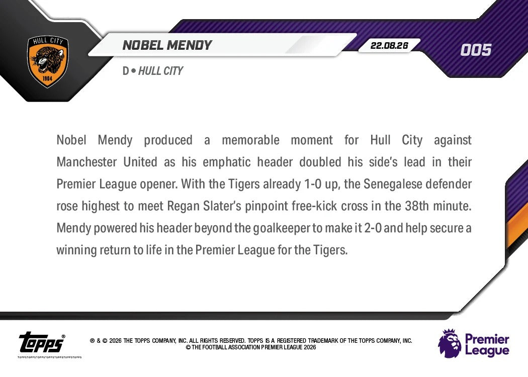2026-27 | Topps | Now | Premier League | Nobel Mendy | Base | #005 | BAJO PEDIDO | ENVÍO 30 días aproximadamente desde la fecha de compra.