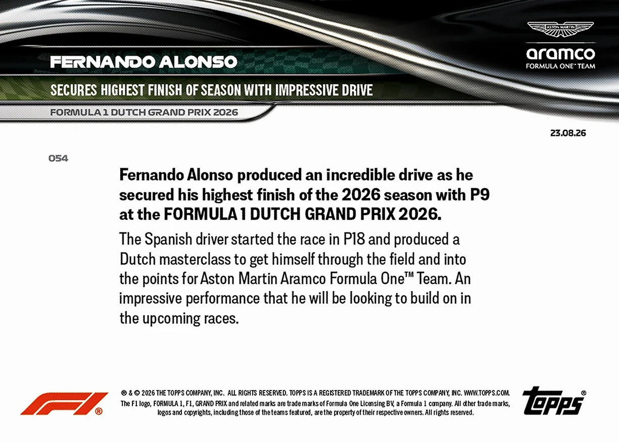 2026 | Topps | Now | Formula 1 | Fernando Alonso | Base | #054 | BAJO PEDIDO | ENVÍO 30 días aproximadamente desde la fecha de compra.
