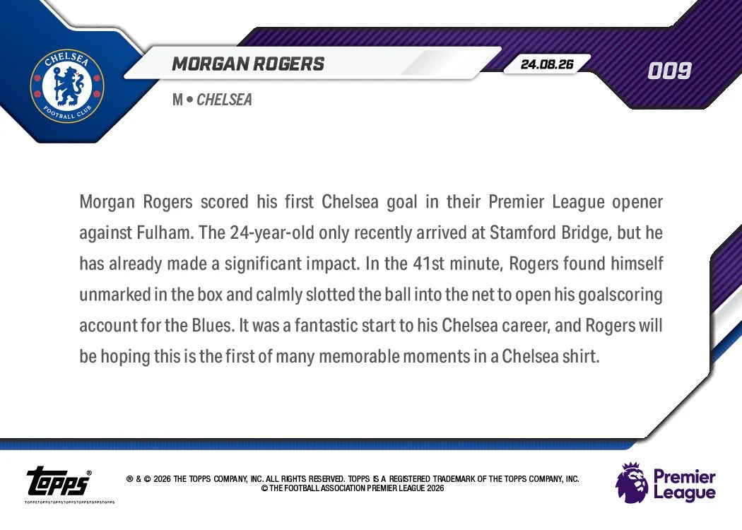 2026-27 | Topps | Now | Premier League | Morgan Rogers | Base | #009 | BAJO PEDIDO | ENVÍO 30 días aproximadamente desde la fecha de compra.