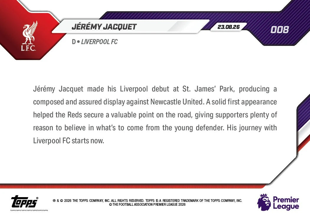 2026-27 | Topps | Now | Premier League | Jérémy Jacquet | Base | #008 | BAJO PEDIDO | ENVÍO 30 días aproximadamente desde la fecha de compra.