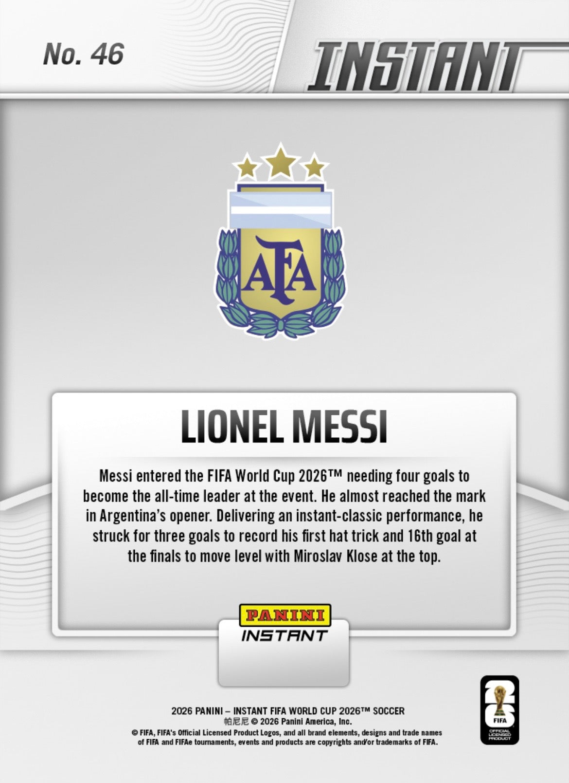 PIWC046 | Panini | FIFA World Cup | 2026 | PANINI INSTANT | Lionel Messi | Base | Exclusive USA | Limited Editions | PREORDEN | ENVÍO 40 días aproximadamente desde la fecha de compra.