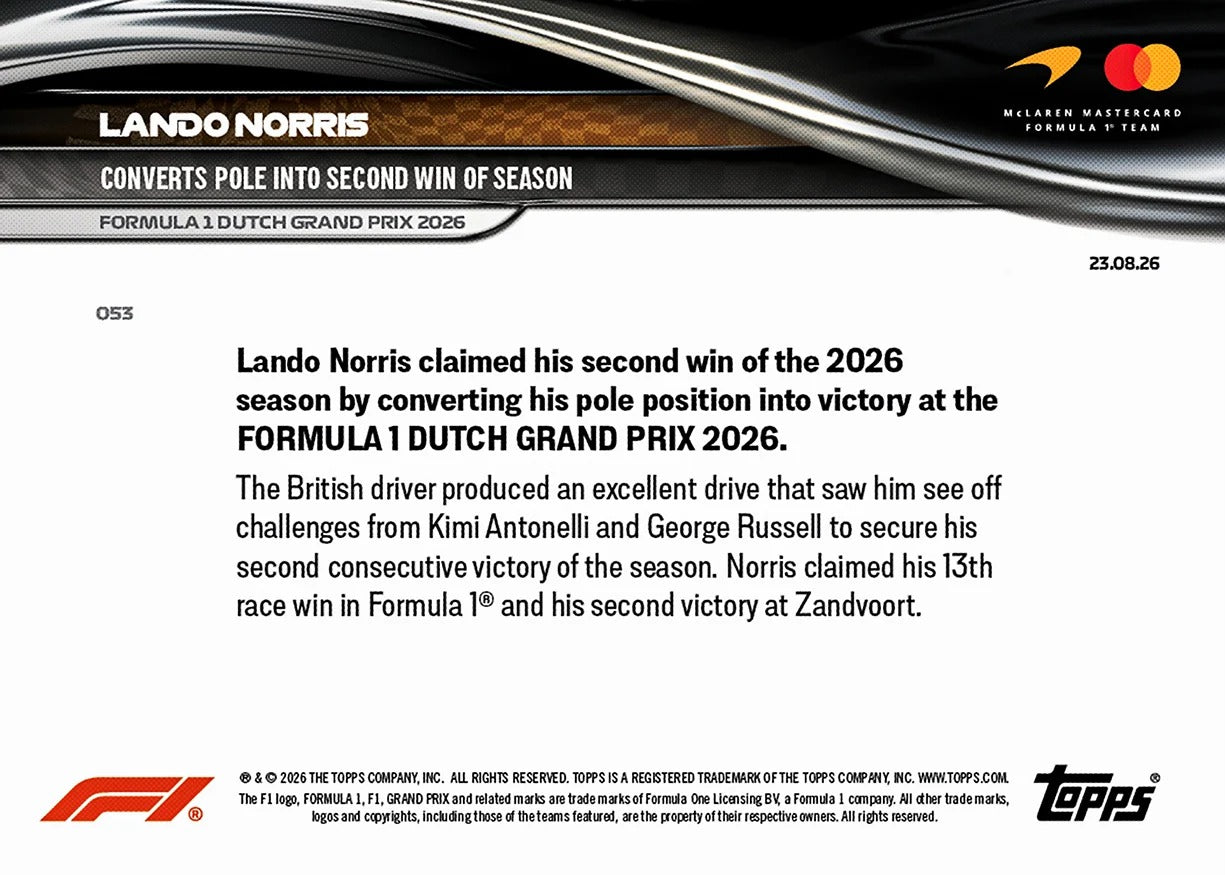 2026 | Topps | Now | Formula 1 | Lando Norris | Base | #053 | BAJO PEDIDO | ENVÍO 30 días aproximadamente desde la fecha de compra.