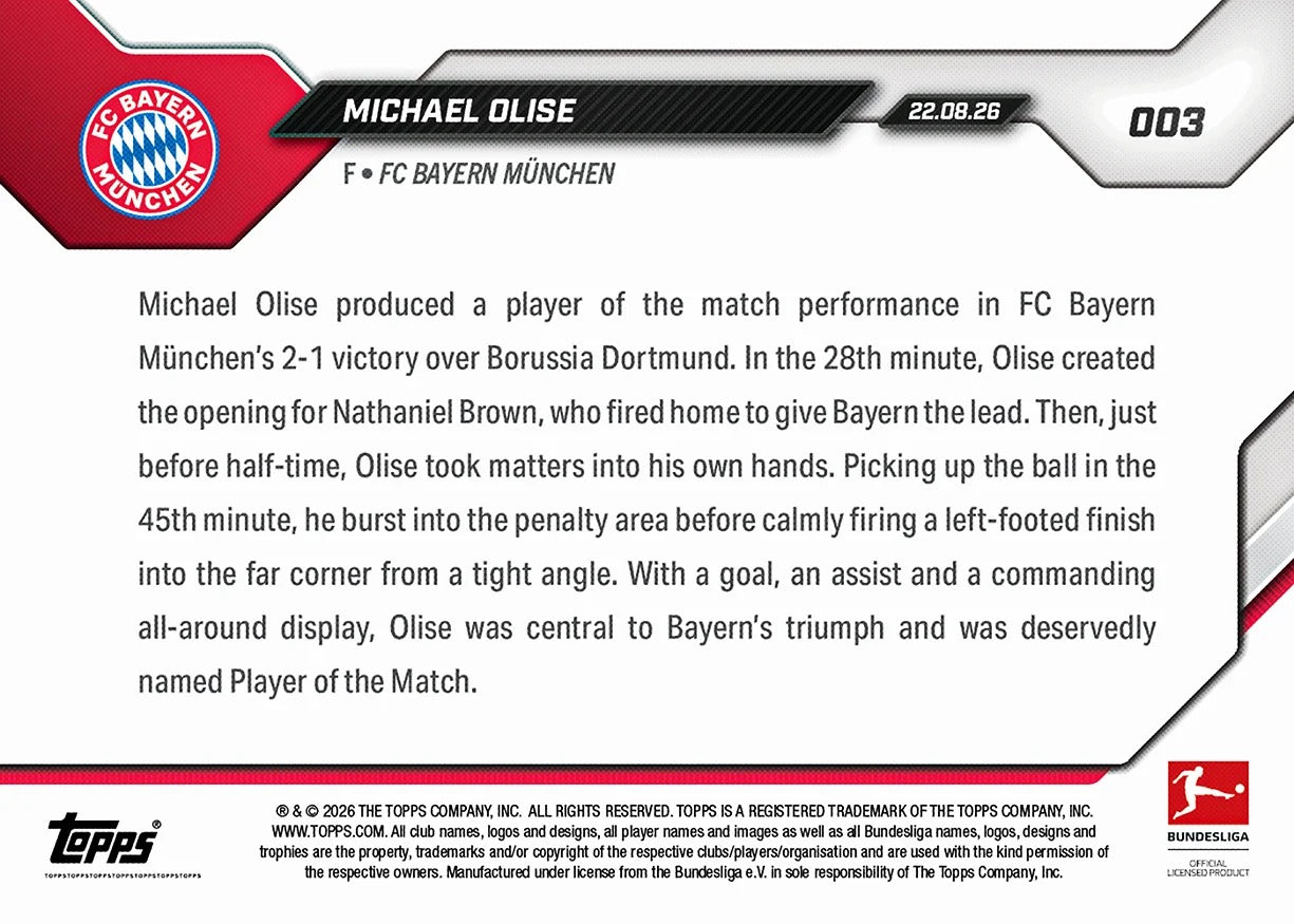 2026-27 | Topps | Now | Bundesliga | #003 | Michael Olise | Base | PREORDEN | ENVÍO 30 días aproximadamente desde la fecha de compra.
