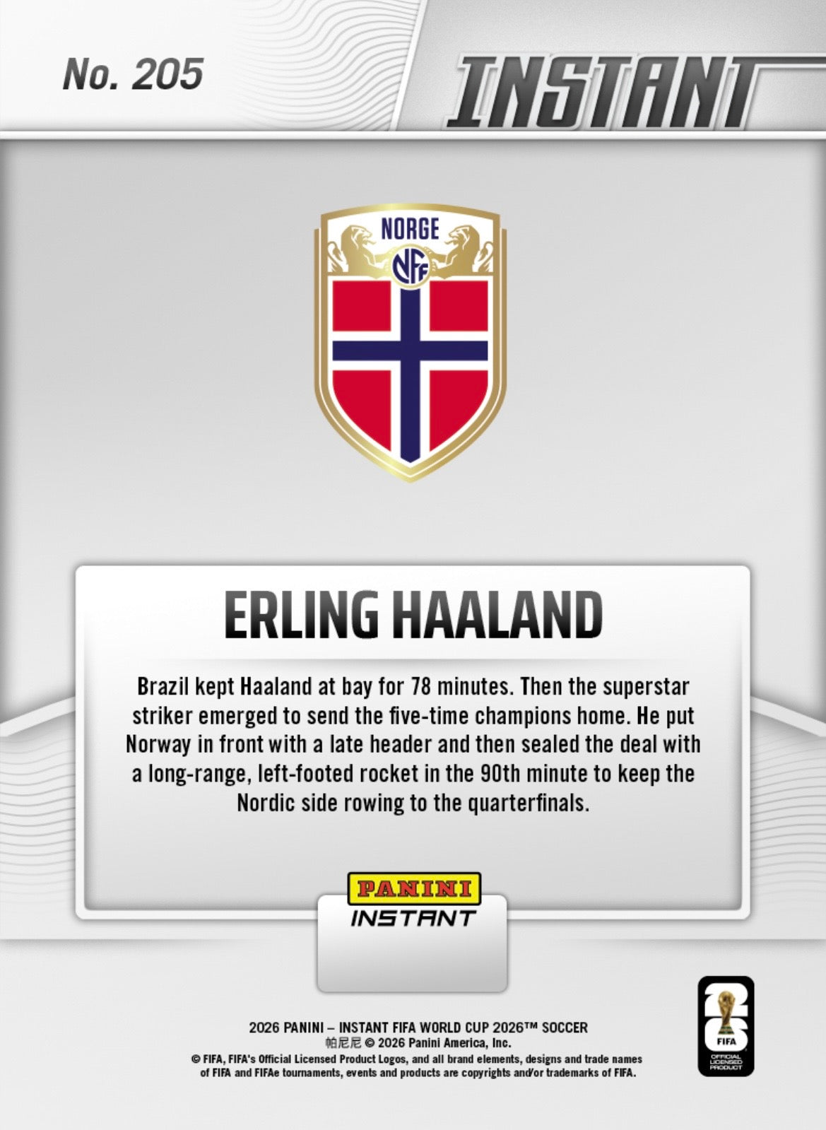 PIWC208 | Panini | FIFA World Cup | 2026 | PANINI INSTANT | Erling Haaland | Base | Exclusive USA | Limited Editions | PREORDEN | ENVÍO 40 días aproximadamente desde la fecha de compra.