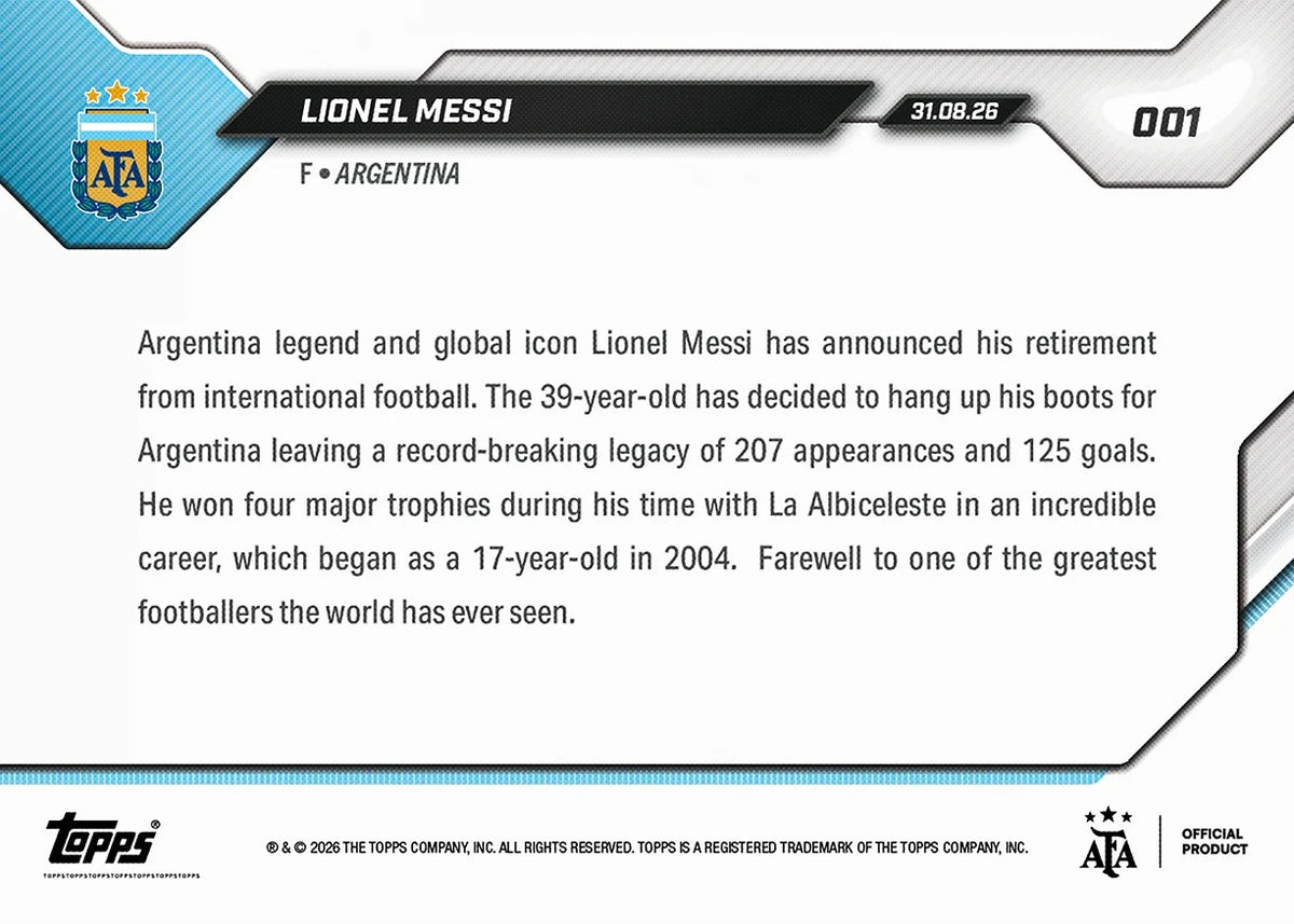 2026 | Topps | Now | Argentina | #001 | Lionel Messi | Retirada Selección Argentina | Base