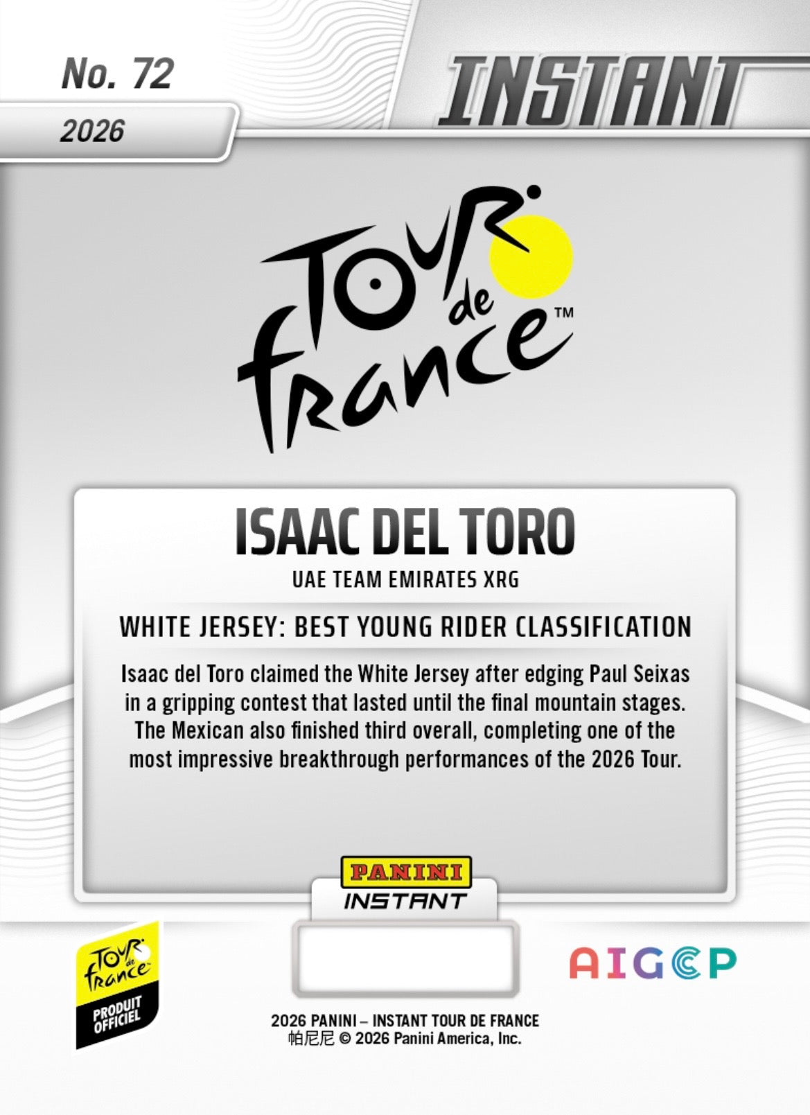 PITF72 | Panini | TOUR DE FRANCE | 2026 | PANINI INSTANT | Isaac del Toro | Base | Exclusive USA | Limited Editions | PREORDEN | ENVÍO 40 días aproximadamente desde la fecha de compra.