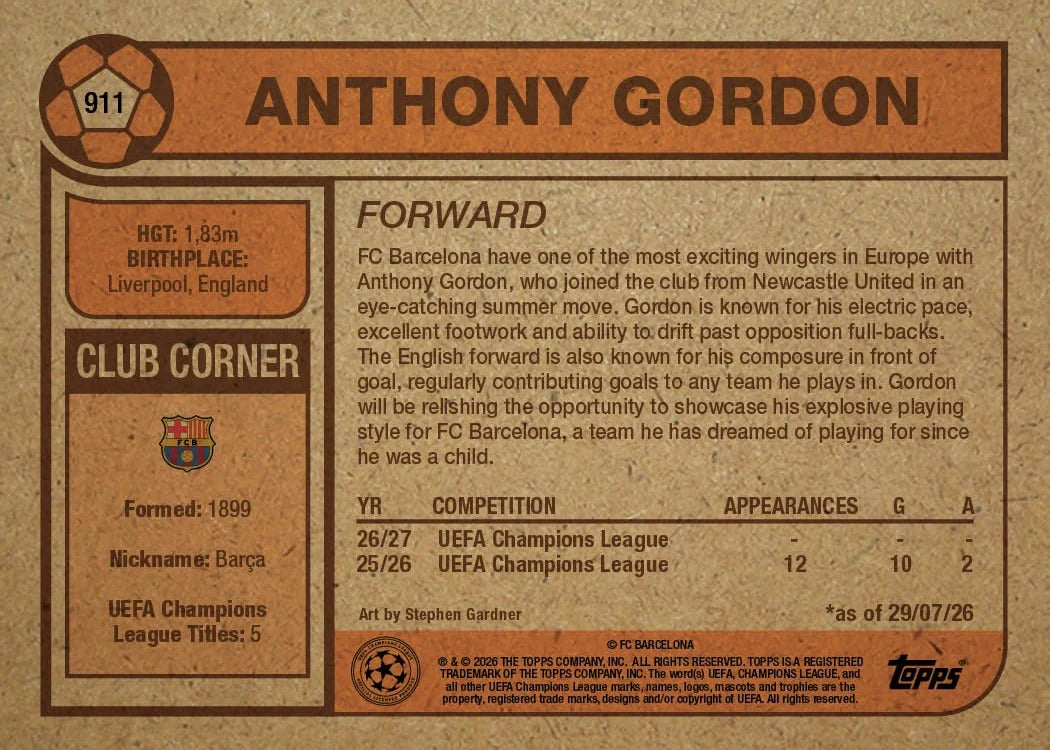 2026-27 | Topps | Living Set | UCC | Anthony Gordon | #911 | Limited Editions | PREORDEN | ENVÍO 30 días aproximadamente desde la fecha de compra.