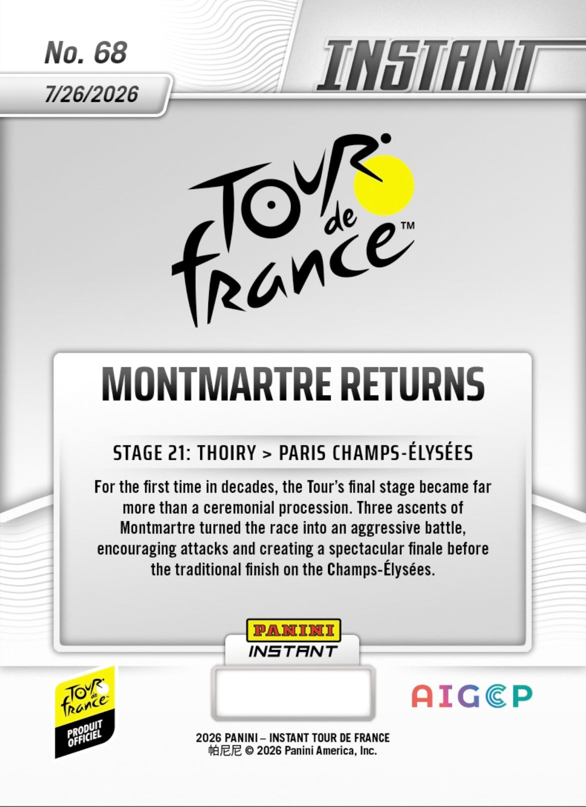 PITF68 | Panini | TOUR DE FRANCE | 2026 | PANINI INSTANT | Montmartre Retunts | Base | Exclusive USA | Limited Editions | PREORDEN | ENVÍO 40 días aproximadamente desde la fecha de compra.